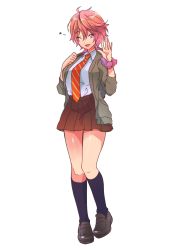Rule 34 | 10s, 1girl, blush, breasts, free!, full body, genderswap, genderswap (mtf), kneehighs, large breasts, loafers, memeo (candy house), necktie, one eye closed, open mouth, pink hair, pleated skirt, purple eyes, school uniform, shigino kisumi, shoes, short hair, simple background, skirt, smile, socks, solo, white background