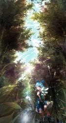 Rule 34 | 1girl, akisha, arms behind back, bad id, bad pixiv id, bird, blue dress, blue eyes, blue hair, blue sky, bow, cirno, cloud, dappled sunlight, day, dress, forest, from behind, hair bow, hair ornament, highres, landscape, looking at viewer, looking back, matching hair/eyes, nature, puffy short sleeves, puffy sleeves, shirt, short hair, short sleeves, sky, solo, sparkle, sunlight, touhou, tree, tree shade