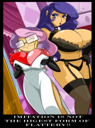 Rule 34 | 2girls, balloon, blue eyes, breasts, cleavage, female focus, garter belt, glasses, gloves, highres, huge breasts, lipstick, makeup, multiple girls, my little pony, my little pony: friendship is magic, personification, purple hair, rarity (my little pony), shonuff44, siblings, sisters, sweetie belle, thighhighs