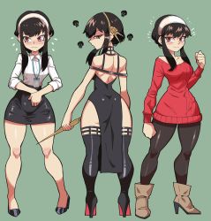 Rule 34 | 1girl, absurdres, ass, bare shoulders, black dress, black hair, blush, breasts, collared shirt, dress, hairband, high heels, highres, holding, holding weapon, long hair, looking at viewer, mg991998, multiple views, office lady, pantyhose, red eyes, shirt, sidelocks, skirt, smile, spy x family, sweater, sweater dress, thick thighs, thighhighs, thighs, weapon, wide hips, yor briar