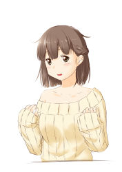 Rule 34 | 1girl, blush, brown eyes, brown hair, highres, niwatazumi, off shoulder, original, ribbed sweater, short hair, simple background, sleeves past wrists, solo, sweater, white background