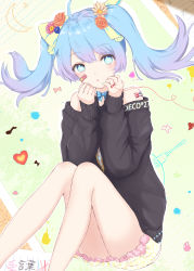 Rule 34 | 1girl, absurdres, bandaid, bandaid on cheek, bandaid on face, bare shoulders, black sweater, blue bow, blue bowtie, blue eyes, blue flower, blue hair, blue nails, blush, bow, bowtie, commentary request, crescent, feet out of frame, floating hair, flower, frilled skirt, frills, gradient hair, hair bow, hair flower, hair ornament, hand up, hatsune miku, heart, heart-shaped pupils, highres, knees up, long hair, long sleeves, multicolored hair, multicolored nails, nail polish, off-shoulder sweater, off shoulder, orange flower, orange rose, parted lips, pink flower, pink nails, polka dot, polka dot bow, polka dot skirt, purple hair, rose, sitting, skirt, sleeves past wrists, solo, star (symbol), string, string around finger, string of fate, sweater, symbol-shaped pupils, twintails, vocaloid, white flower, white skirt, yellow bow, yuzuaji