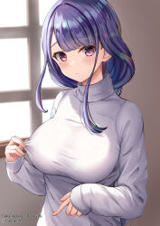 Rule 34 | 1girl, alternate costume, artist name, asymmetrical bangs, blurry, blurry background, braid, breasts, closed mouth, clothes pull, commentary request, genshin impact, grey sweater, highres, large breasts, long hair, long sleeves, looking at viewer, low-braided long hair, low-tied long hair, mole, mole under eye, pulling own clothes, purple eyes, purple hair, raiden shogun, simple background, solo, sweater, sweater pull, takenoko pengin, turtleneck, turtleneck sweater, twitter username, upper body, window