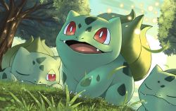 Rule 34 | bright pupils, bulbasaur, commentary request, creatures (company), day, falling leaves, fangs, fangs out, game freak, gen 1 pokemon, grass, leaf, lying, nintendo, no humans, on stomach, one eye closed, open mouth, outdoors, pokemon, pokemon (creature), red eyes, tesshii (riza4828), tongue, tree, water drop, white pupils