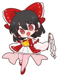 Rule 34 | 1girl, ascot, black hair, bow, collar, detached sleeves, frilled ascot, frilled bow, frills, gohei, hair bow, hair tubes, hakurei reimu, highres, medium hair, nontraditional miko, op na yarou, red bow, red eyes, red footwear, red shirt, red skirt, ribbon-trimmed sleeves, ribbon trim, shirt, sidelocks, simple background, skirt, skirt set, sleeveless, solo, touhou, white background, white collar, yellow ascot