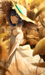 Rule 34 | 1girl, absurdres, blue hair, blurry, blurry foreground, dark blue hair, depth of field, doll, dress, empty eyes, field, flat chest, flower, flower field, hat, highres, holding, holding doll, idolmaster, idolmaster shiny colors, kyamcya, lace-trimmed sleeves, lace trim, looking at viewer, looking to the side, morino rinze, smile, solo, straw hat, sunflower, sunflower field, white dress