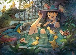 Rule 34 | 1girl, adjusting clothes, adjusting headwear, artist logo, barefoot, bathing, bathtub, bird, black eyes, black hair, blue one-piece swimsuit, blush stickers, crocodile, crocodilian, duck, feet, flower, hat, long hair, looking up, mouse (animal), nanami tomorou, one-piece swimsuit, open mouth, original, parrot, partially submerged, pointy ears, solo, swimsuit, teeth, toenails, twintails, upper teeth only, witch, witch hat