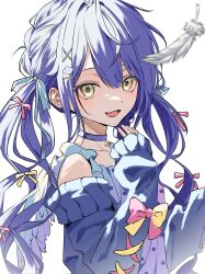 Rule 34 | 1girl, amamiya kokoro, bell, blue cardigan, blue choker, blue hair, bow, cardigan, choker, cloud hair ornament, feathers, hair ornament, highres, kqgjh, long hair, looking at viewer, neck bell, nijisanji, polka dot, solo, twintails, virtual youtuber, white feathers, x hair ornament, yellow eyes
