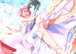 Rule 34 | 1boy, 1girl, ;d, absurdres, arms around neck, black neckwear, blue skin, blurry, blurry foreground, breasts, carrying, cleavage, colored skin, couple, daruizen, dress, earrings, flower, green eyes, green hair, grin, hair flower, hair ornament, hanadera nodoka, healin&#039; good precure, hetero, highres, horns, husband and wife, jewelry, kmcho 902, long dress, necktie, one eye closed, open mouth, pink hair, pointy ears, precure, princess carry, red eyes, red flower, shirt, short hair, sleeveless, sleeveless dress, small breasts, smile, strapless, strapless dress, wedding dress, white dress, white flower, white shirt