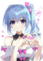Rule 34 | 1girl, absurdres, aqua hair, blue eyes, breasts, character request, cleavage, commentary, copyright request, heart, heart hands, highres, long hair, pink ribbon, ribbon, side ponytail, signature, small breasts, smile, solo, suzuhira hiro, upper body, white background