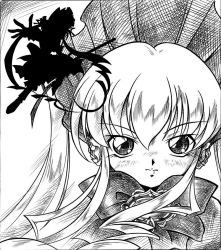 Rule 34 | 00s, 1girl, arukime, bonnet, bow, flower, greyscale, monochrome, outstretched hand, rozen maiden, shinku, silhouette, solo, twintails