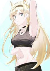 Rule 34 | 1girl, animal ears, arknights, arm up, armpits, black choker, black hairband, blonde hair, blue background, breasts, bright pupils, choker, closed mouth, extra ears, gradient background, green eyes, hairband, horn (arknights), jewelry, long hair, looking at viewer, medium breasts, necklace, puritijiiji, solo, sports bra, stomach, upper body, very long hair, wolf ears