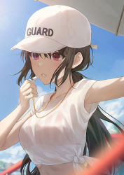 Rule 34 | 1girl, arm up, armpit peek, armpits, baseball cap, bikini, bikini under clothes, black hair, breasts, crop top, day, dotz, halterneck, hand up, hat, highres, holding, long hair, low ponytail, midriff, original, outdoors, parted lips, pink eyes, revision, see-through, shirt, short sleeves, side-tie shirt, sidelocks, small breasts, solo, striped bikini, striped clothes, swimsuit, upper body, wet, whistle, white hat, white shirt