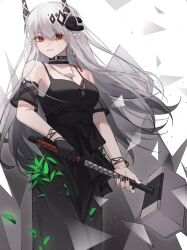 Rule 34 | 1girl, absurdres, arknights, bare shoulders, black dress, black gloves, black nails, breasts, closed mouth, cowboy shot, cross, cross necklace, demon horns, diamond hair ornament, dress, fingernails, gloves, grey hair, highres, holding, holding weapon, horns, infection monitor (arknights), jewelry, lips, long hair, looking at viewer, medium breasts, mudrock (arknights), mudrock (obsidian) (arknights), nail polish, necklace, pointy ears, red eyes, single glove, sleeveless, sleeveless dress, solo, spaghetti strap, very long hair, war hammer, weapon, weimeizi