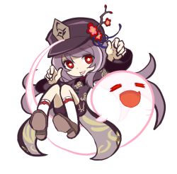 Rule 34 | 1girl, black coat, black hair, black hat, chibi, chinese clothes, coat, coattails, flower, flower-shaped pupils, full body, genshin impact, ghost, hat, hat flower, hu tao (genshin impact), long hair, long sleeves, looking at viewer, plum blossoms, porkpie hat, red eyes, red flower, shinmon akika, simple background, socks, solo, symbol-shaped pupils, tongue, tongue out, white background, white socks