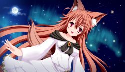 Rule 34 | 1girl, absurdres, animal ears, aurora, bare shoulders, breasts, brooch, brown hair, collarbone, darktrified, dress, fang, fingernails, full moon, highres, imaizumi kagerou, jewelry, long hair, looking at viewer, moon, open mouth, red eyes, shooting star, sky, solo, star (sky), star (symbol), starry sky, tail, touhou, very long hair, watermark, wolf ears, wolf tail