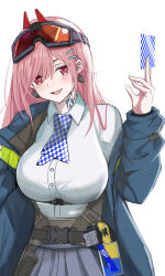 Rule 34 | 1girl, :d, blue jacket, blue ribbon, blush, breasts, buckle, card, checkered clothes, checkered ribbon, collared shirt, commentary request, cowboy shot, earrings, electroshock weapon, eyebrows hidden by hair, eyewear on head, fang, girls&#039; frontline, goggles, goggles on head, grey skirt, hair between eyes, hair ornament, hairclip, hand in pocket, hand up, heart, heart earrings, highres, holding, holding card, jacket, jewelry, koenza botoke, large breasts, less-than-lethal weapon, long hair, long sleeves, looking at viewer, mole, mole under eye, neck ribbon, neck tattoo, off shoulder, open mouth, pink hair, playing card, pleated skirt, police, police uniform, red eyes, ribbon, shirt, shirt tucked in, sidelocks, sig mcx (girls&#039; frontline), simple background, skirt, smile, snap-fit buckle, solo, standing, taser, tattoo, underbust, uniform, white background, white shirt