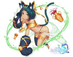 Rule 34 | 1girl, :3, animal ears, animal hands, barefoot, bell, black hair, black thighhighs, cat ears, cat paws, cat tail, complex saga, copyright name, dark-skinned female, dark skin, feet, full body, green eyes, jewelry, looking at viewer, necklace, neko7, short hair, single thighhigh, solo, tail, thighhighs