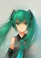 Rule 34 | 1girl, absurdres, bad id, bad pixiv id, detached sleeves, fom (lifotai), green eyes, green hair, hatsune miku, highres, long hair, matching hair/eyes, necktie, smile, solo, twintails, upper body, very long hair, vocaloid