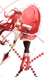 Rule 34 | 1girl, apple, detached sleeves, food, fruit, haruri, highres, long hair, mahou shoujo madoka magica, mouth hold, polearm, ponytail, red eyes, red hair, sakura kyoko, simple background, solo, spear, weapon