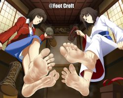 Rule 34 | 2girls, absurdres, barefoot, boots, crossed legs, feet, foot croft, foot focus, highres, jacket, japanese clothes, kara no kyoukai, looking at viewer, medium hair, multiple girls, ryougi shiki, sandals, shoes, smell, soles, steam, sweat, toes, unworn boots, unworn sandals, unworn shoes