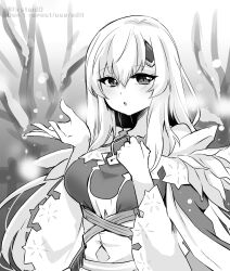 Rule 34 | 1girl, breasts, circlet, dress, fire emblem, fire emblem: genealogy of the holy war, greyscale, hands up, julia (fire emblem), julia (resplendent) (fire emblem), large breasts, long hair, medium breasts, monochrome, nintendo, official alternate costume, open mouth, outdoors, sash, solo, upper body, wide sleeves, yukia (firstaid0)