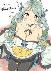 Rule 34 | 10s, 1girl, ahoge, bare shoulders, between breasts, black pantyhose, blush, breasts, cleavage, coin, crystal, de la fille, detached collar, dress, gem, gradient hair, granblue fantasy, green eyes, green hair, hair ornament, jewelry, large breasts, long hair, looking at viewer, mamedenkyuu (berun), multicolored hair, pantyhose, sketch, skirt basket, smile, solo, translation request, twintails