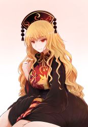 Rule 34 | 1girl, arano oki, black dress, blonde hair, blush, breasts, dress, headdress, junko (touhou), large breasts, looking at viewer, playing with own hair, red eyes, sitting, smile, solo, tabard, touhou, wariza, wavy hair
