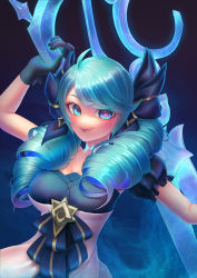 Rule 34 | 1girl, absurdres, black gloves, blue background, blue dress, blue eyes, blue hair, clothes pull, crossed legs, dress, dress pull, drill hair, eyebrows hidden by hair, gloves, grey background, gwen (league of legends), highres, holding, holding scissors, juliet sleeves, league of legends, long sleeves, medium hair, over shoulder, oversized object, puffy sleeves, scissors, single thighhigh, solo, stitched neck, stitches, swept bangs, thighhighs, twin drills