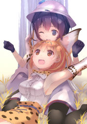 Rule 34 | 10s, 2girls, :d, ;d, akesaka iku, animal ears, armpits, arms up, bag, bare shoulders, belt, black eyes, black gloves, black hair, black legwear, blonde hair, bow, bowtie, breasts, bucket hat, cat ears, center frills, elbow gloves, frills, gloves, grass, hat, hat feather, kaban (kemono friends), kemono friends, looking at another, lying, lying on person, multiple girls, nature, on back, one eye closed, open mouth, outdoors, park guide, safari hat, serval (kemono friends), serval print, shirt, short hair, sitting, skirt, sleeveless, sleeveless shirt, small breasts, smile, tree, wariza, white shirt, yellow eyes