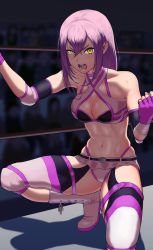 Rule 34 | 1girl, absurdres, bare shoulders, boots, breasts, cleavage, fingerless gloves, gloves, highres, ibuki imina, long hair, looking at viewer, open mouth, purple gloves, purple hair, school girl strikers, shigatsugata, skindentation, solo, squatting, teeth, wrestling outfit, wrestling ring, yellow eyes
