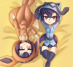 2girls akatosh_el_shota_furro animal_ears animal_hood arm_at_side arms_behind_head arms_up bed black_shorts black_thighhighs blue_hair blue_hat blue_jacket breasts brown_eyes brown_onesie child cosplay creatures_(company) dark_blue_hair eevee_(cosplay) eyebrows eyelashes fake_animal_ears fake_tail feet_out_of_frame female_focus foot_out_of_frame foot_up game_freak half-closed_eyes hand_up hat highres hood hood_up hooded_pajamas jacket kigurumi legs_together long_sleeves looking_at_viewer lying multiple_girls nintendo on_back on_bed onesie open_mouth pajamas poke_kid_(pokemon) pokemon red_eyes riolu_(cosplay) short_hair shorts siblings small_breasts smug tail thigh_gap thighhighs twins upside-down