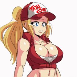 Rule 34 | 1girl, animated, animated gif, baseball cap, black gloves, blonde hair, blue eyes, bouncing breasts, breasts, breasts out, censored, cleavage, collarbone, fatal fury, fingerless gloves, flashing, genderswap, genderswap (mtf), gloves, hat, large breasts, lewdamone, long hair, navel, nipples, open clothes, open shirt, ponytail, simple background, smile, snk heroines: tag team frenzy, solo, standing, terry bogard, the king of fighters, upper body, white background
