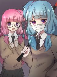 Rule 34 | 2girls, blue hair, crowbar, glasses, holding, holding crowbar, kotonoha akane, kotonoha aoi, mask, mouth mask, multiple girls, necktie, nontao, one side up, pink eyes, pink hair, school uniform, siblings, simple background, sisters, surgical mask, sweat, voiceroid