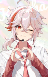Rule 34 | 1boy, ;), ahoge, blush, closed mouth, commentary request, crossed bangs, genshin impact, hair between eyes, hands up, headset, heart, heart hands, highres, kaedehara kazuha, kkopoli, long sleeves, looking at viewer, low ponytail, male focus, medium hair, microphone, multicolored background, multicolored hair, necktie, one eye closed, ponytail, red eyes, red hair, red necktie, shirt, sidelocks, simple background, sleeves past wrists, smile, solo, streaked hair, upper body, white hair, white shirt