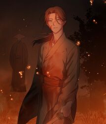 Rule 34 | 2boys, blood, blood on clothes, blood on face, brown eyes, brown hair, chinese clothes, embers, hanfu, hat, highres, holding, holding sword, holding weapon, jian (weapon), korean commentary, long hair, long sleeves, looking ahead, male focus, multiple boys, parted lips, ponytail, qwert021600, renzha fanpai zijiu xitong, rice hat, shen jiu (renzha fanpai zijiu xitong), smoke, standing, sword, tree, weapon, wide sleeves