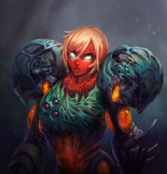 Rule 34 | 1girl, absurdres, alternate costume, bad end, biopunk, blonde hair, commentary, corruption, english commentary, fusion suit, glowing, glowing eyes, highres, kory cromie, looking at viewer, metroid, metroid fusion, monster girl, monsterification, nintendo, redesign, samus aran, solo, upper body