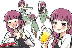 Rule 34 | 1girl, alcohol, blush, bocchi the rock!, bottle, braid, braided ponytail, closed eyes, cup, dancing, disposable cup, dress, drinking straw, drunk, earrings, food, green dress, hiroi kikuri, holding, holding bottle, jacket, jewelry, long hair, long sleeves, looking at viewer, own hands together, purple eyes, purple hair, simple background, solo, standing, standing on one leg, sushi, torako (toramaru), white background