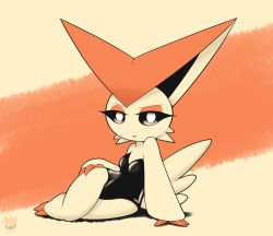 Rule 34 | 1girl, 2017, animal ears, arm support, artist name, beige background, black leotard, black sclera, breasts, colored sclera, creatures (company), dated, female focus, furry, furry female, game freak, gen 5 pokemon, half-closed eyes, hand on own hip, highres, laranthrod, legendary pokemon, leotard, lips, looking at viewer, lying, mythical pokemon, nintendo, on side, orange background, personification, pokemon, pokemon (creature), pokemon bw, simple background, small breasts, solo, tail, text focus, two-tone background, victini, watermark, white eyes