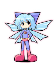 Rule 34 | circled 9, 1girl, blue hair, bow, cirno, clothes writing, cosplay, costume, crossover, dc comics, hair bow, kakkou, short hair, solo, superman, superman (cosplay), superman (series), superwoman, touhou, wings