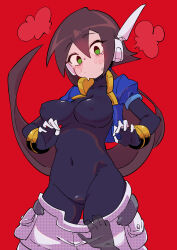 1girl aile_(mega_man_zx) assisted_exposure blush bodysuit breasts brown_hair buzzlyears clothes_pull covered_erect_nipples disembodied_hand green_eyes large_breasts long_hair mega_man_(series) mega_man_zx mega_man_zx_advent navel no_mouth pantsing ponytail shorts shorts_pull very_long_hair