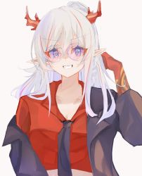 Rule 34 | 1girl, alternate costume, arknights, arm tattoo, black jacket, black necktie, clenched teeth, collared shirt, colored skin, cropped shirt, dragon horns, fangs, glasses, grin, hand up, highres, horns, jacket, lapels, long hair, long sleeves, looking at viewer, multicolored hair, necktie, nian (arknights), open clothes, open jacket, pointy ears, ponytail, purple eyes, red hair, red shirt, red skin, shirt, simple background, smile, solo, streaked hair, tattoo, teeth, tochi (tochitochi2523), v-shaped eyebrows, white background, white hair