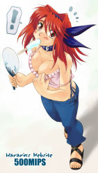 Rule 34 | !, 1girl, ^^^, bikini jeans, blush, breasts, camisole, collar, denim, food, from above, hand fan, huge breasts, jeans, lowleg, lowleg pants, meme attire, midriff, mouth hold, navel, original, pants, paper fan, popsicle, ranbu hararin, red eyes, red hair, sandals, solo, strap slip, surprised, uchiwa