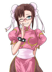 Rule 34 | adapted costume, aqua eyes, arm behind back, asymmetrical bangs, bracelet, breasts, bright pupils, brown hair, brown pantyhose, bun cover, capcom, china dress, chinese clothes, chun-li, chun-li (cosplay), commentary, cosplay, double bun, dress, earrings, glasses, grin, hair bun, hair ribbon, hair up, hand on own face, hands up, head tilt, highres, jewelry, makinami mari illustrious, mandarin collar, medium breasts, neon genesis evangelion, one eye closed, own hands together, pantyhose, parted lips, pelvic curtain, pink dress, pink ribbon, pink sash, puffy short sleeves, puffy sleeves, raised eyebrows, rectangular eyewear, red-framed eyewear, ribbon, sash, sashimi (sasihmi), semi-rimless eyewear, short sleeves, side slit, sidelocks, simple background, smile, spiked bracelet, spikes, standing, street fighter, toggles, under-rim eyewear, white background, white pupils