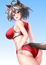 Rule 34 | 1girl, :d, ahoge, animal ears, ass, black hair, blue background, breasts, buruma, commentary request, from behind, gradient background, highres, horse ears, horse girl, horse tail, kitasan black (umamusume), large breasts, looking at viewer, multicolored hair, open mouth, red buruma, red eyes, red sports bra, smile, solo, sports bra, streaked hair, tail, thighs, umamusume, white hair, yuunagi (0217)