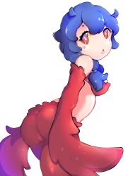 Rule 34 | 1girl, absurdres, ass, bare shoulders, blue hair, blush stickers, colored sclera, cowboy shot, feathers, female focus, harpy, harpy (terraria), highres, kalia3see, looking back, midriff, monster girl, open mouth, ponytail, red eyes, red feathers, solo, terraria, white background, yellow sclera