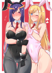 Rule 34 | 2girls, ;), absurdres, alternate costume, animal ears, bare shoulders, between breasts, black gloves, black legwear, black leotard, blonde hair, blue eyes, blush, bow, bowtie, breasts, character request, cleavage, covered navel, cowboy shot, detached collar, embarrassed, fake animal ears, flying sweatdrops, gloves, hand on another&#039;s shoulder, heart, highres, large breasts, leotard, long hair, looking at viewer, medium breasts, monster strike, multiple girls, nanohana (november.), necktie, necktie between breasts, nose blush, one eye closed, pantyhose, parted lips, playboy bunny, purple eyes, purple hair, rabbit ears, rabbit tail, red background, red neckwear, smile, swept bangs, tail, very long hair, white gloves, white leotard
