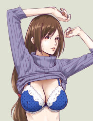 Rule 34 | 1girl, arms up, bad id, bad pixiv id, bra, breasts, brown eyes, brown hair, cleavage, clothes lift, grey background, kaburagi yuki, large breasts, lips, long hair, mole, nail polish, parted lips, ribbed sweater, shinken-zemi, shirt lift, simple background, smile, solo, sweater, sweater lift, turtleneck, underwear, upper body, zemi mama
