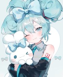 &gt;_o 1girl :3 absurdres aqua_bow aqua_eyes aqua_hair aqua_necktie black_sleeves blush blush_stickers bow bow-shaped_hair bow_print cinnamiku cinnamoroll closed_mouth collared_shirt commentary detached_sleeves frilled_shirt frills fuwa_fuwa_cinnamoroll grey_shirt hair_between_eyes hair_bow hatsune_miku highres holding looking_at_viewer mokyuko necktie number_tattoo one_eye_closed sanrio shirt shoulder_tattoo sleeveless sleeveless_shirt smile solo symbol-only_commentary tall_hair tattoo upper_body vocaloid