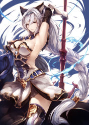 Rule 34 | 10s, 1girl, animal ears, arm up, armor, armored dress, armpits, artist name, belt, blue bow, blue bowtie, boots, bow, bowtie, braid, breasts, brown eyes, cat ears, cleavage, erune, gauntlets, genyaky, granblue fantasy, hair between eyes, hair tubes, heles, highres, large breasts, long hair, looking at viewer, low-tied long hair, low twintails, polearm, side slit, sideboob, silver hair, simple background, single braid, smile, solo, tail, thigh boots, thighhighs, thighs, twintails, very long hair, weapon